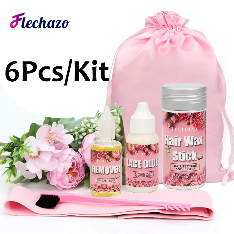 6Pcs Wig Install Kit Wig Glue Waterproof Glue Remover Wig Installation Kit Set Wig Bags Hair Wax Stick Edges Brush Soft Wig Band