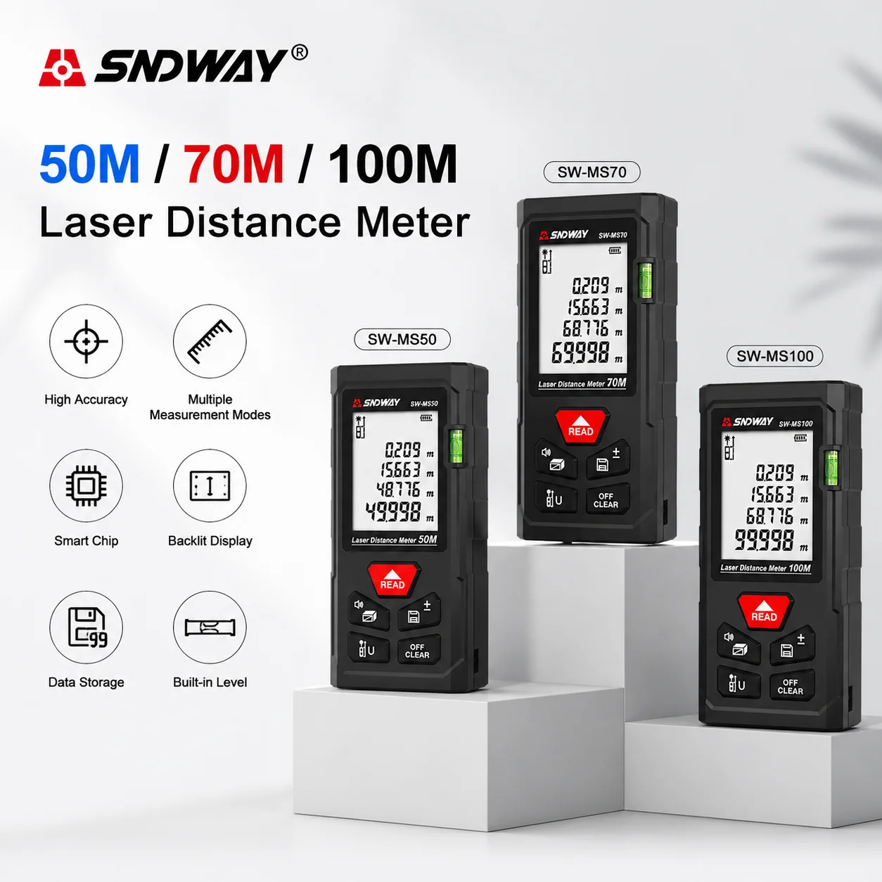 SNDWAY SW-MS50/MS100 Laser Distance Meter 50m/100m Digital Rangefinder with Self-Calibration, Data Storage & m/ft/in Switch