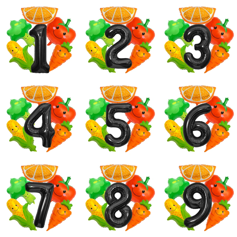 Obst- und Gemüse-Ballon-Set – Orange Brokkoli, Mais, Karotte, Tomaten, Zahlen, ideal für Geburtstagspartys, Jubiläumsfeiern