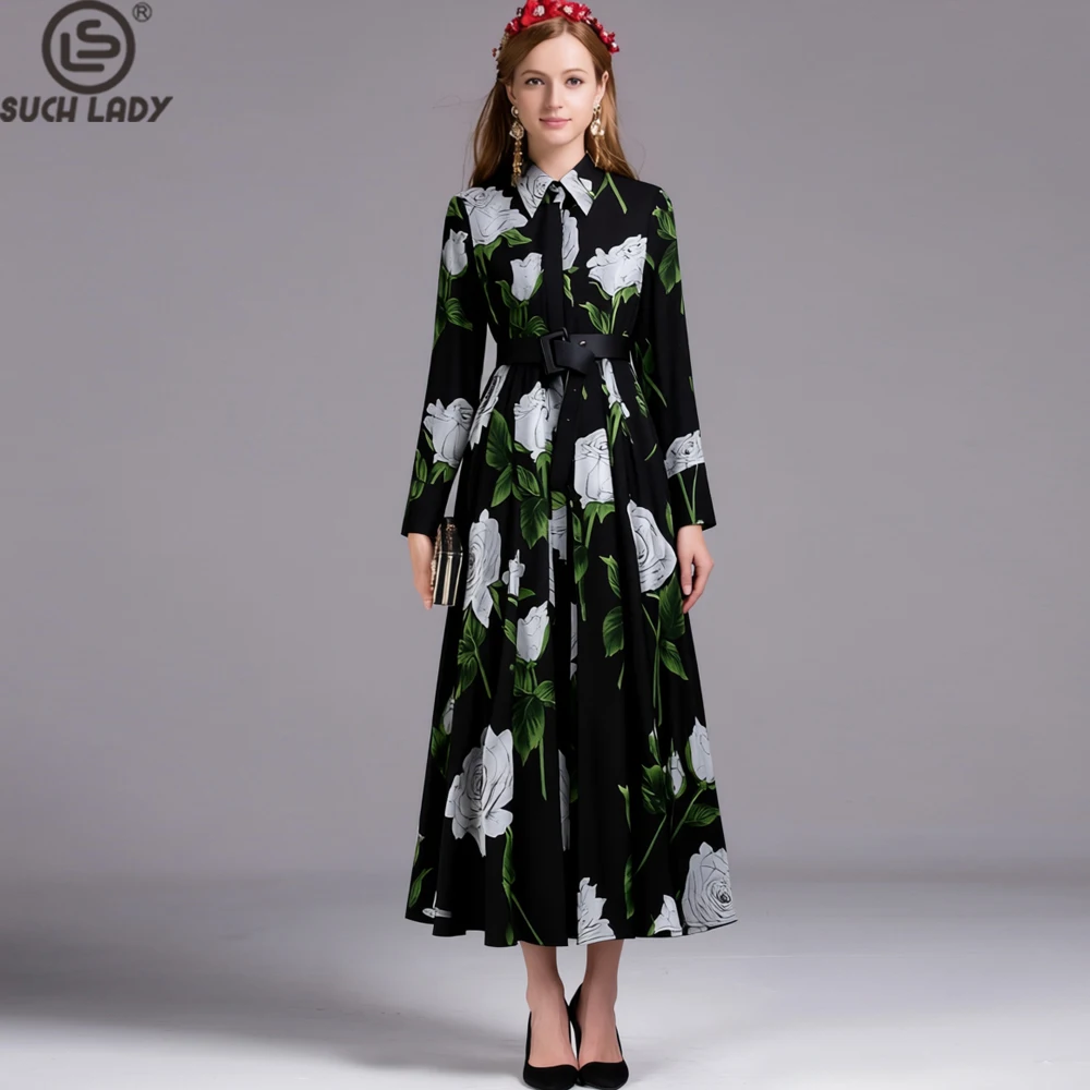 Women's Black White Rose Print Dress Turn Down Collar Long Sleeves A Line Gown Elegant Vintage Style for Spring Summer Outfit