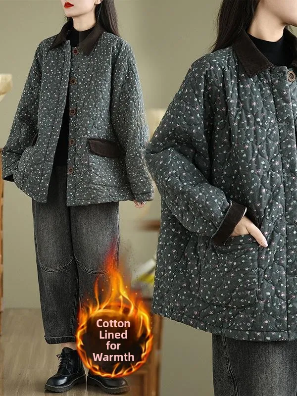 

Thickened Floral Print Cotton Jacket plus Size Loose Warm All-Match Winter Outerwear Women's Fashion Casual Style Button Detail