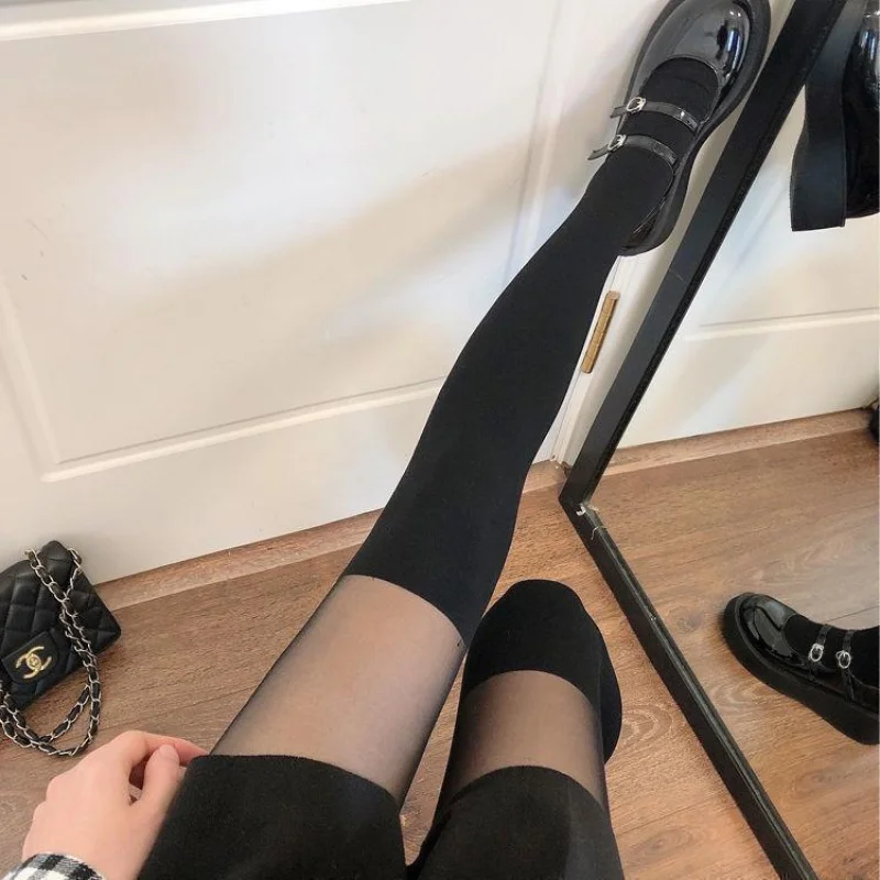 Internet Celebrity Ultra-Thin Stitching Black Fake Mid-Calf Stockings Stockings Sexy JK Style Fake over Knee Calf Pantyhose Stoc