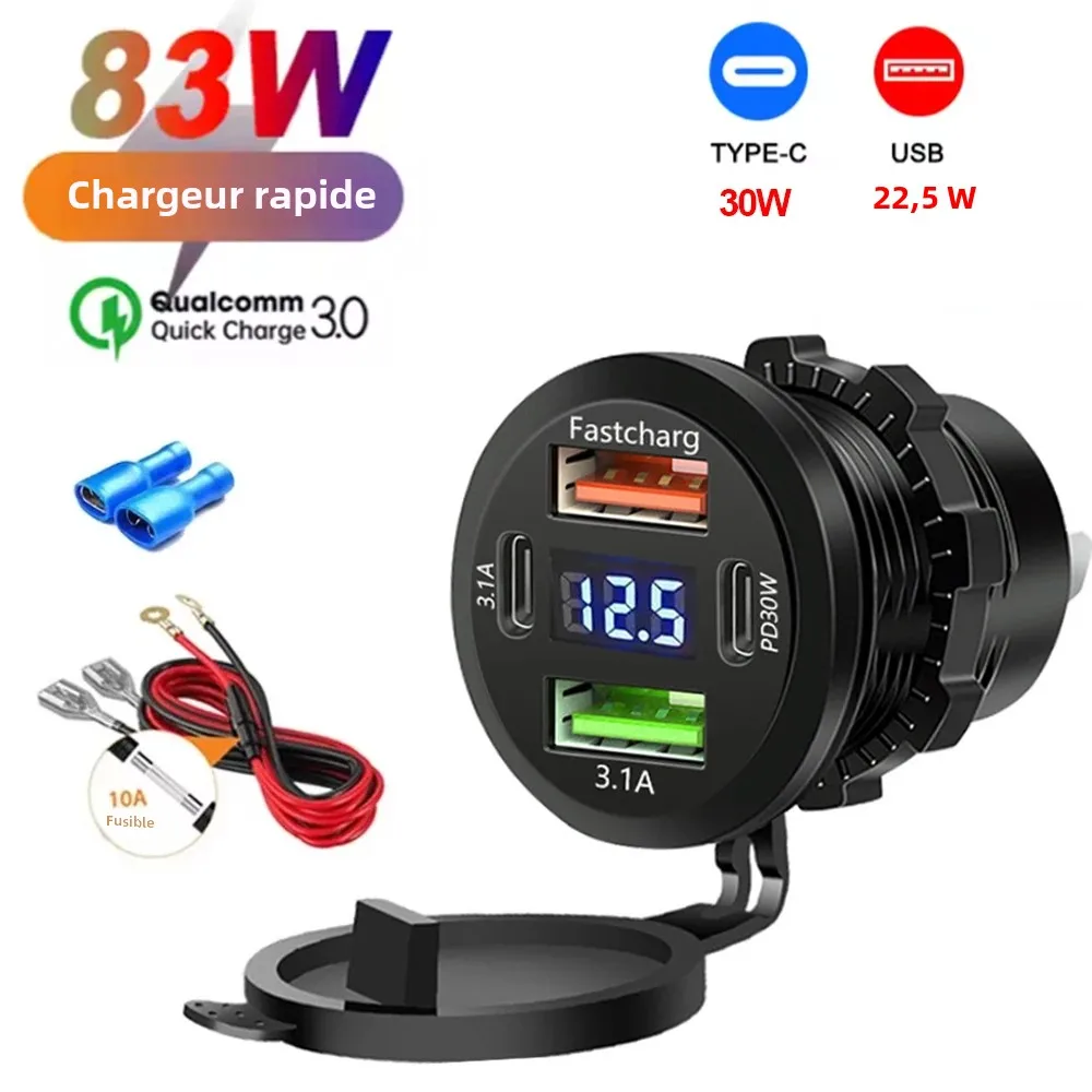 Nouveau chargeur de voiture USB 117W double PD double QC 3.0 avec prise voltmètre adaptateur de prise de courant étanche pour voiture 12V/24V bateau offre spéciale
