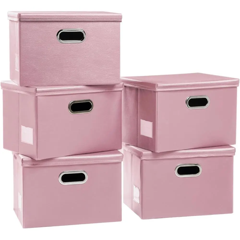 

Large Stackable Storage Bins with Lids [5-Pack] Leather Fabric Foldable Storage Boxes Organizer Containers Baskets Cube with Cov