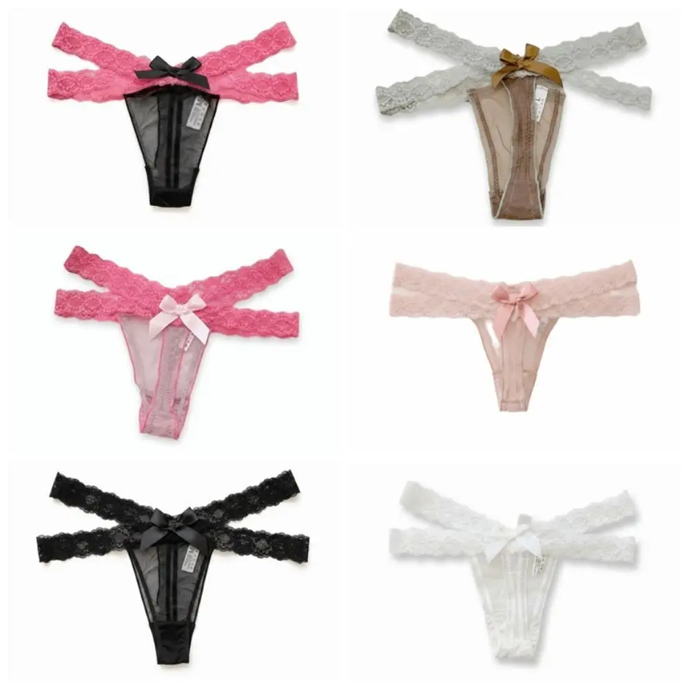 Underpants Low Waist Lace Thongs Transparent Cross Belt Ladies T-back Briefs Hollow Out Lingerie Mesh Bow Thong Intimate Apparel - view 6