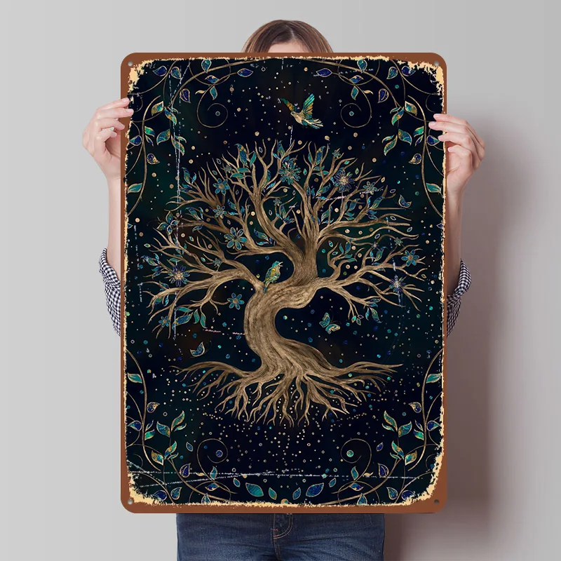 Lebensbaum Yggdrasil Metallposter Maßgefertigte Wandkunst Retro Vintage Blechschilder für Männerhöhle Heimdekoration Gaming-Zimmer