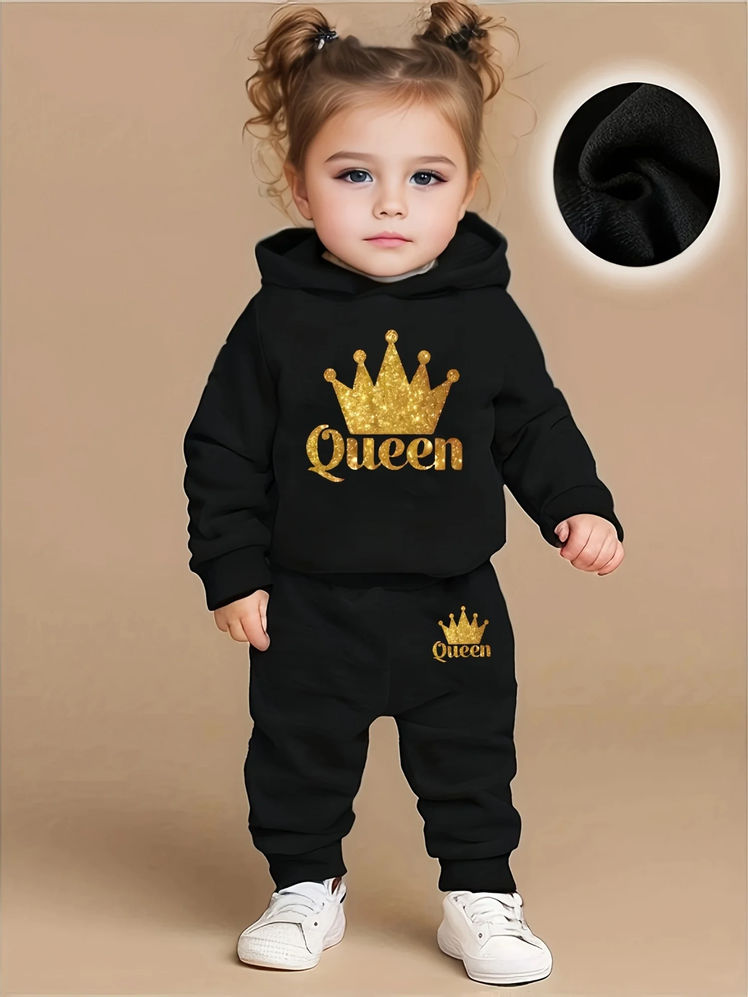The newborn baby girl crown printed fleece hoodie and casual sport long pants set is suitable for outdoor use