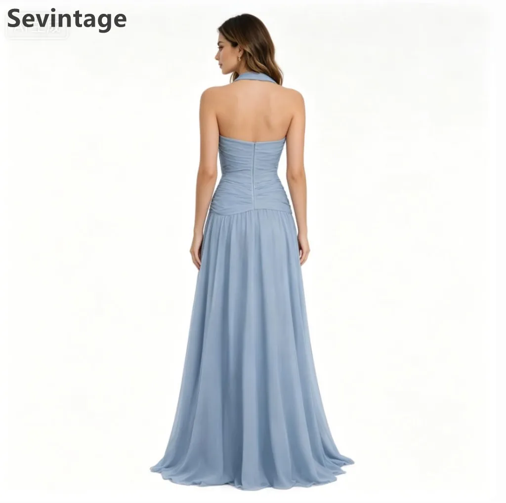 Vestido de Noche Maxi de Gasa Azul Celeste Empolvado Sevintage 2026 con Capa, Vestido de Gala Árabe Saudí, Vestido de Fiesta de Dubái, Personalizado