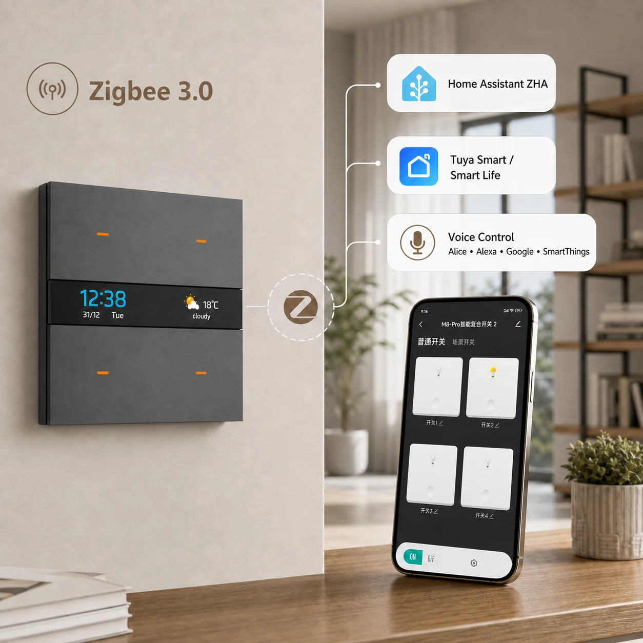 Smart Switch Tuya Zigbee Home Assistant 4 Gang Light with Time Temperature Display Screen for Hotel Home Voice App Control