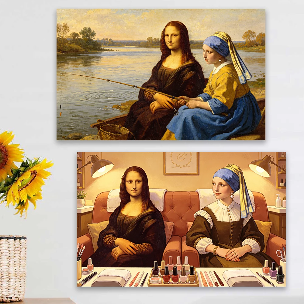 Funny Mona Lisa Fishing Classic Art Prints Girl With A Pearl Earring Get A Nail Salon Print Renaissance Wall Art Room Canvas Art
