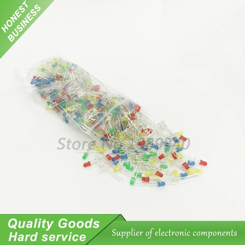 500Pcs each 100pcs 3MM LED Diode Kit Mixed Color Red Green Yellow Blue White light-emitting diode Luminescent tube