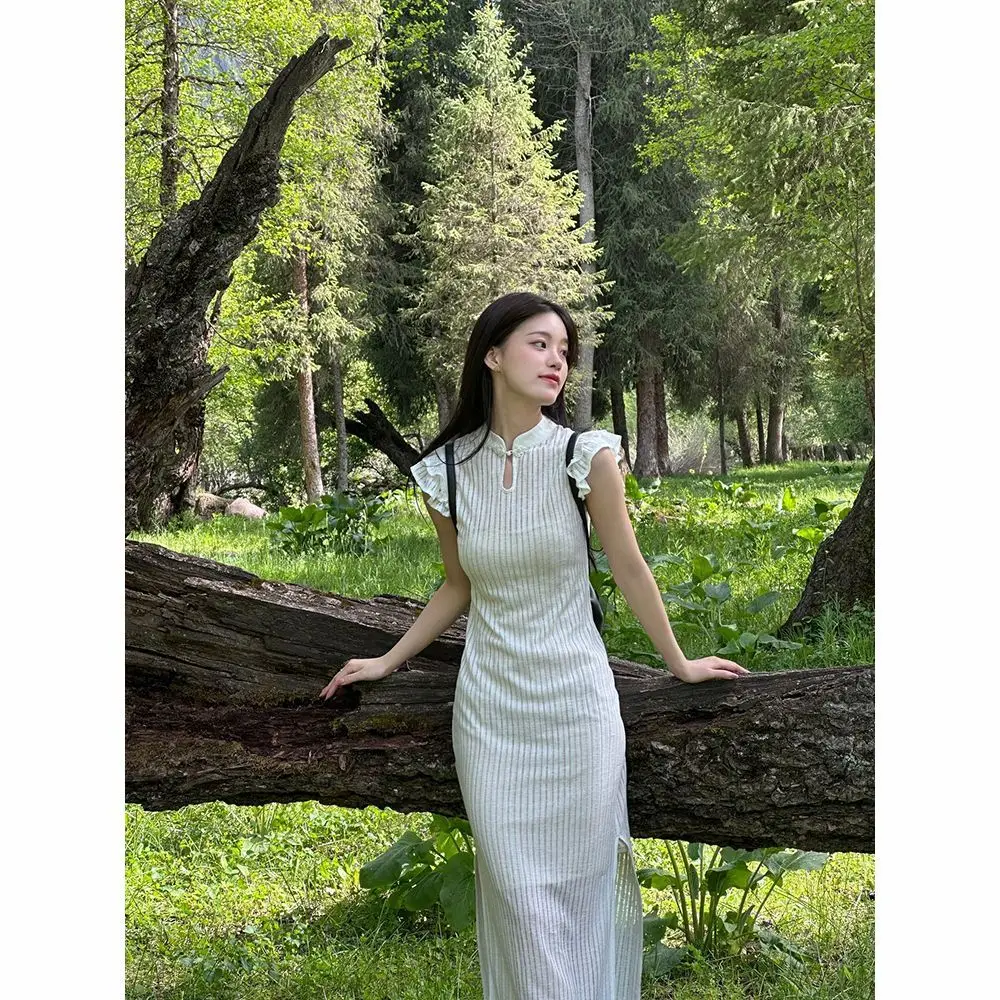 2024 Summer New Chinese Style Retro Pan Button White Long Skirt