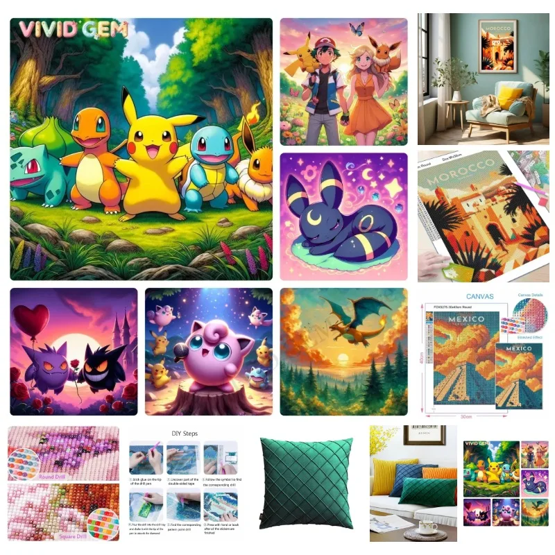 Pokemon Starters Anime 5D Full Round Drill Diamond Painting Kit Forest Friends Mosaic Embroidery Art Home Wall Decor DIY Craft
