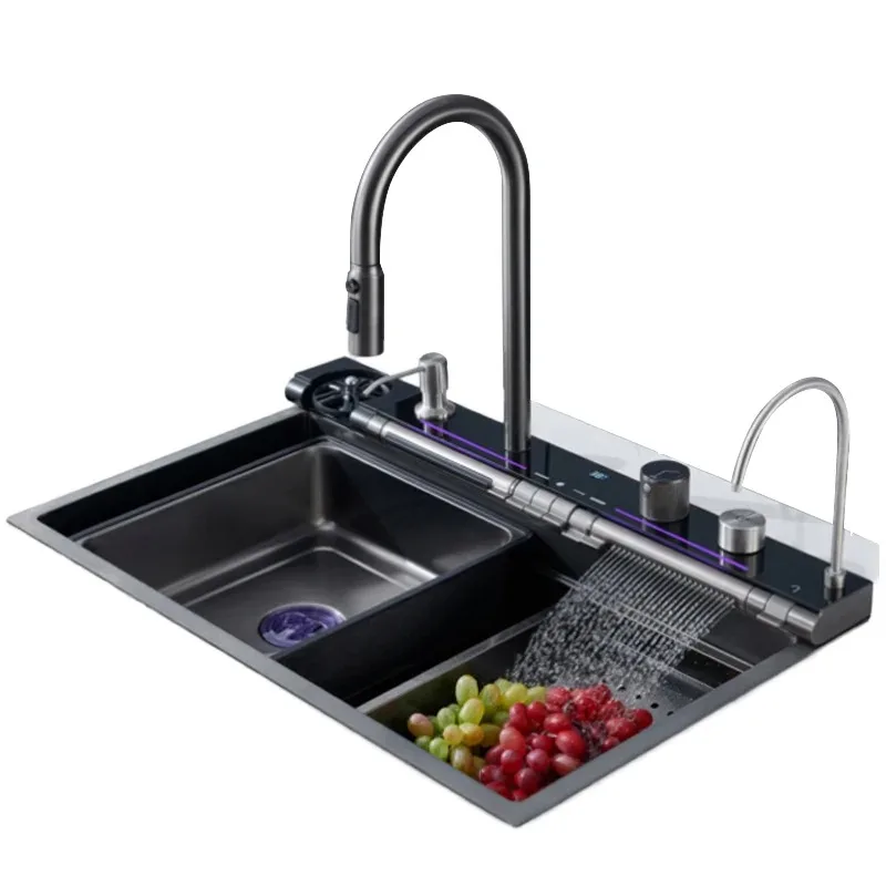 

New Handmade Smart Waterfall Single Bowl Kitchen Sink 304 Stainless Steel Nano Technology Multifunctional Two Faucet