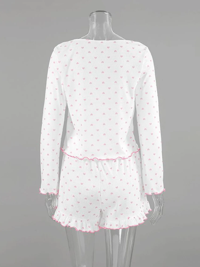 Marthaqiqi Casual Women Nightgown Set Square Collar Pajama Crop Top Sleepwear Long Sleeve Nightie Shorts Printing Nightwear Suit