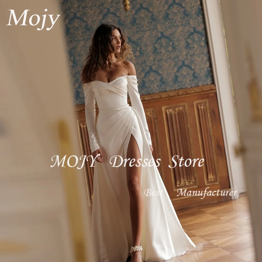 Abito da Sposa a Maniche Lunghe Mojy con Scollo a V, Spacco, Pieghe, Schiena Aperta e Spalle Scoperte, Vestito da Sposa Personalizzabile