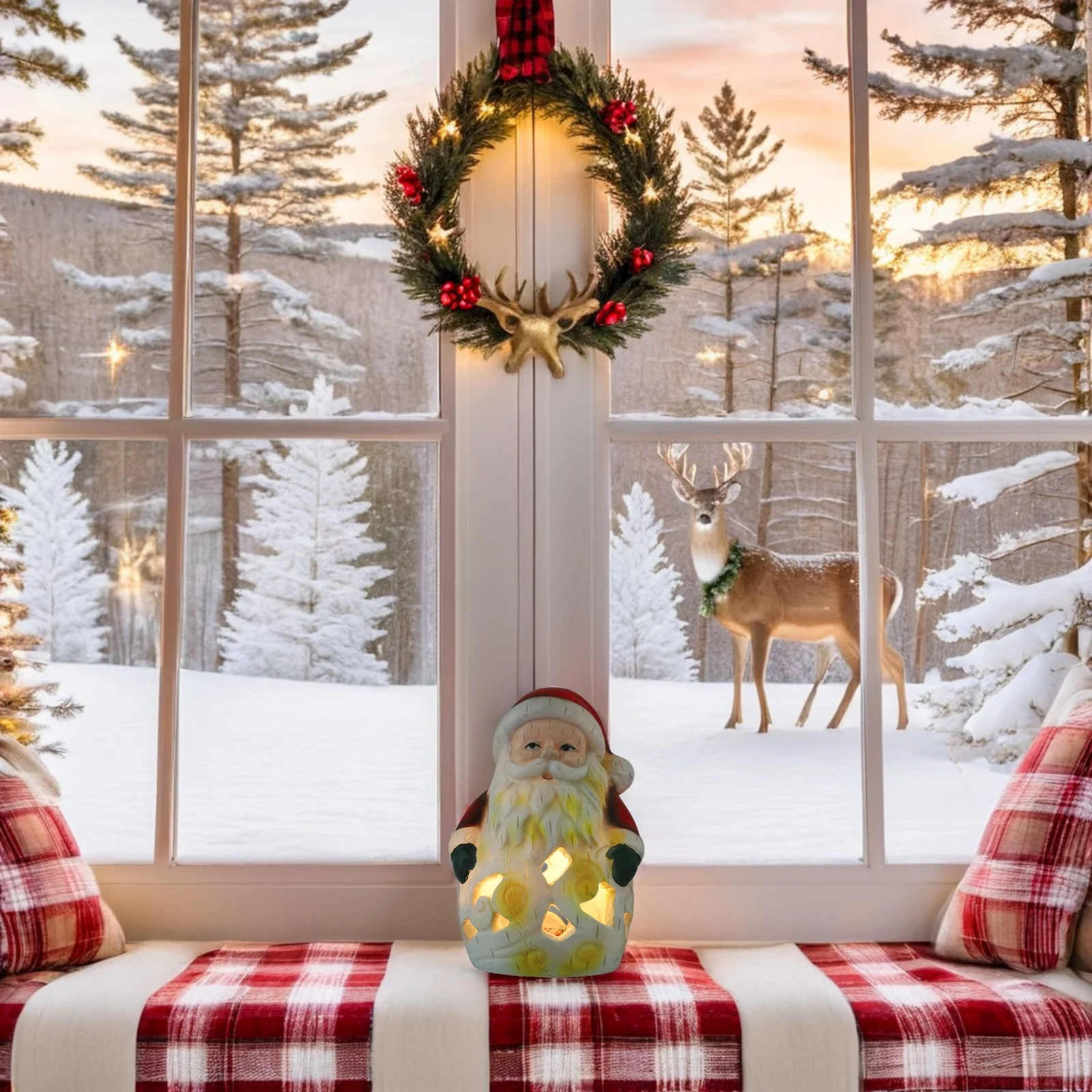 

Festive Santa Statue Hollow Out Resin Santa Claus LED Night Light Holiday Xmas Table Decor Shelf Ornament Mini Resin Figurines