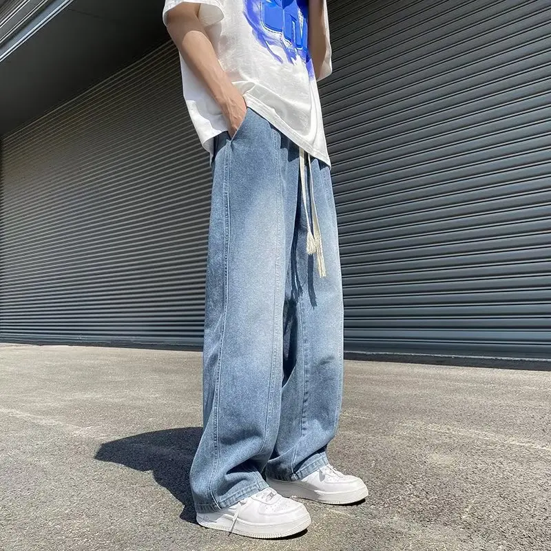 Men Fashion High Street Jeans Casual Harem Pants Letter Print Light Blue Sweatpants Trousers Drawstring Homens Jeans Denim Pants