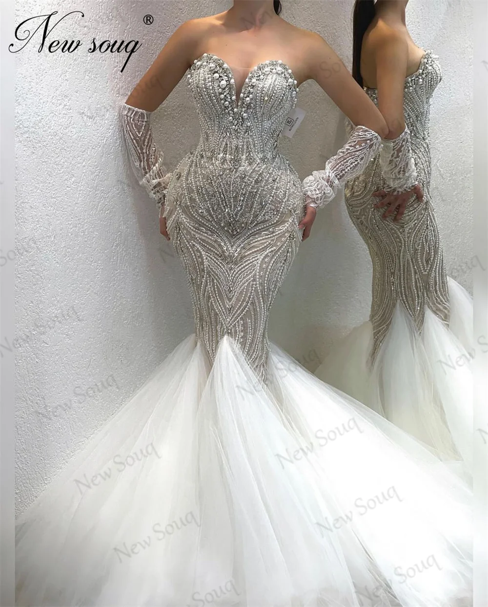 New Elegant Ivory Celebrity Dresses With Sleeves Dubai Mermaid Beaded Crystals Party Dress 2024 Evening Birthday Engagement Gown