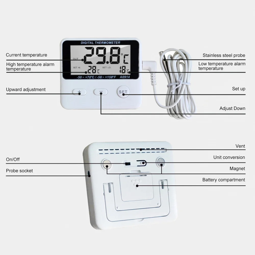 外部センサー付きデジタルアラーム温度計、液晶ディスプレイ、屋内および屋外、冷蔵庫、1m-50 ℃ -70 ℃