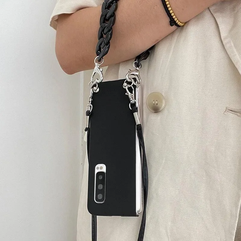 Fashion Crossbody Lanyard Acrylic Bracelet Hand Chain Black Matte Skin Phone Case Cover For Samsung Galaxy Z Fold 7 6 5 4 3 2 5G