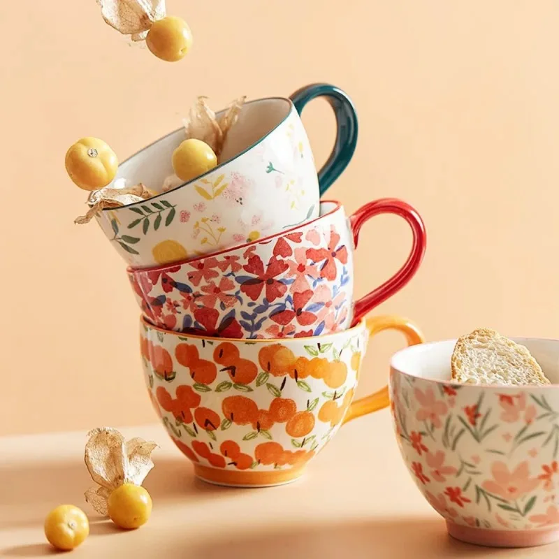 

Mug Flower Fruit Pattern Ceramic Microwave Heating Milk Coffee Cup Making Oats Colorful Home Decoration Drinking Utensils