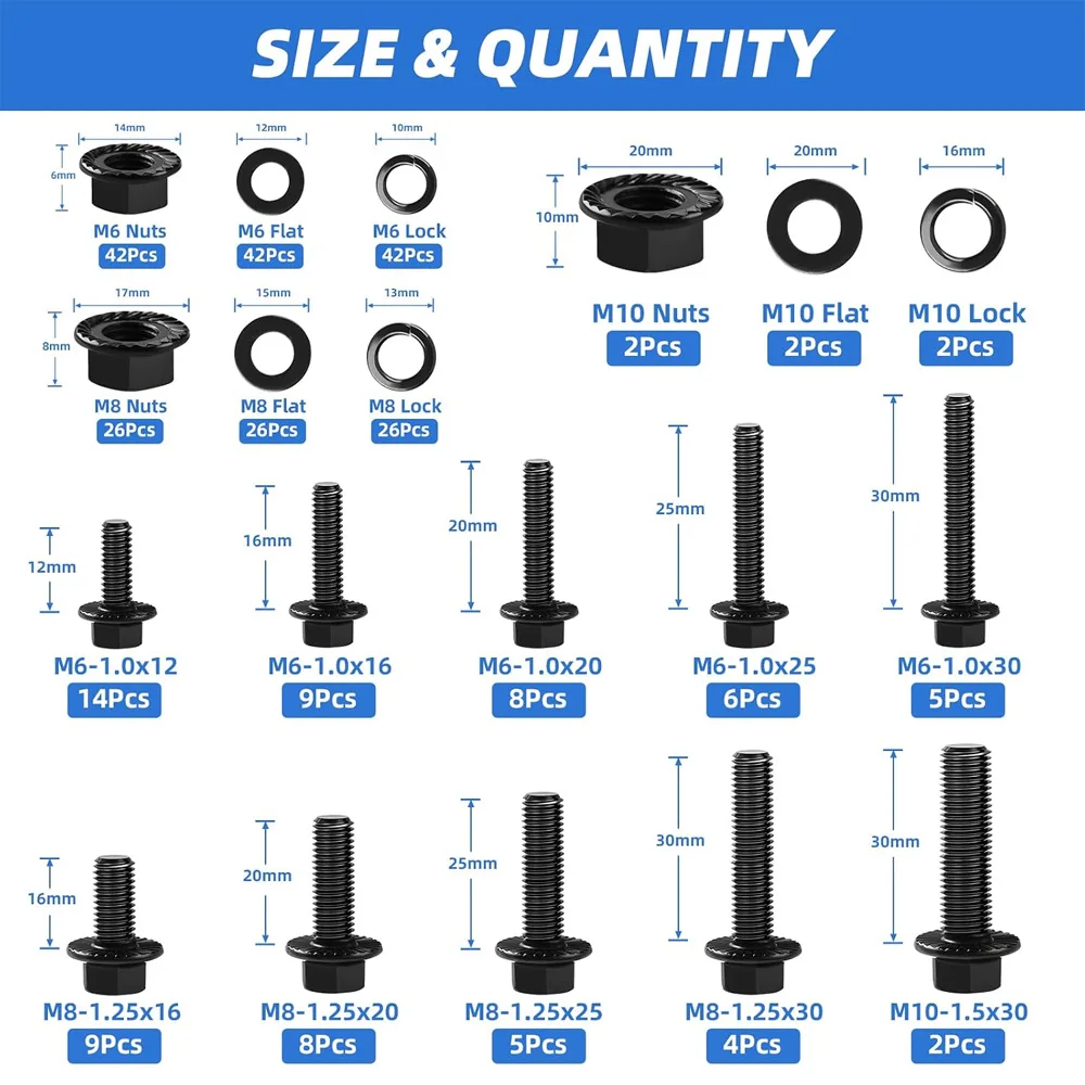280Pcs Metric Flange Bolt and Nut Assortment Kit M6 M8 M10, Grade 10.9 High Tensile Steel Hex Serrated Flanged Screws Washers Se
