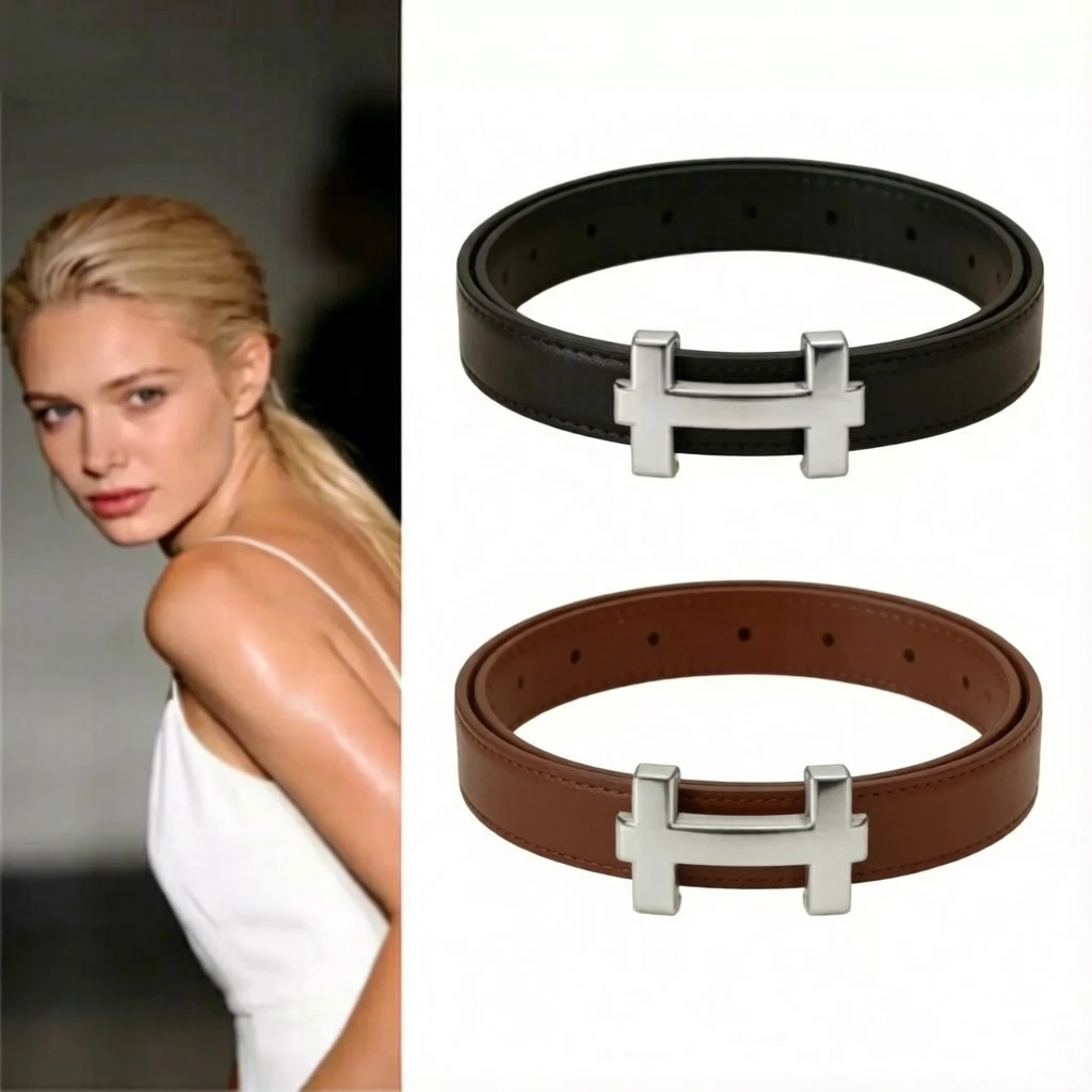 New Women's H-Buckle Thin Belt Elegant Fashionable Waistband for Dress Pants Skirts Black Brown 4 Colors Slimming