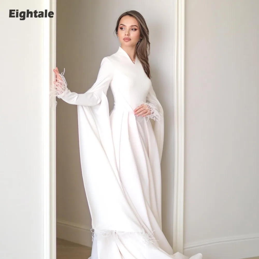 

Eightale Arabic Wedding Dress V-Neck Customized White Ivory Mermaid Long Sleeves Feather Muslim Satin Bridal Gown Robe De Mariée
