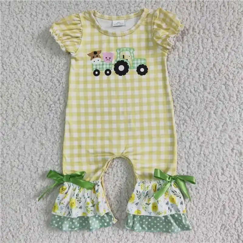 Wholesale Girls Infant Summer Short-Sleeved Rompers With Multi-Element Straps And Bows In Bright Colors And Spliced Ruffle