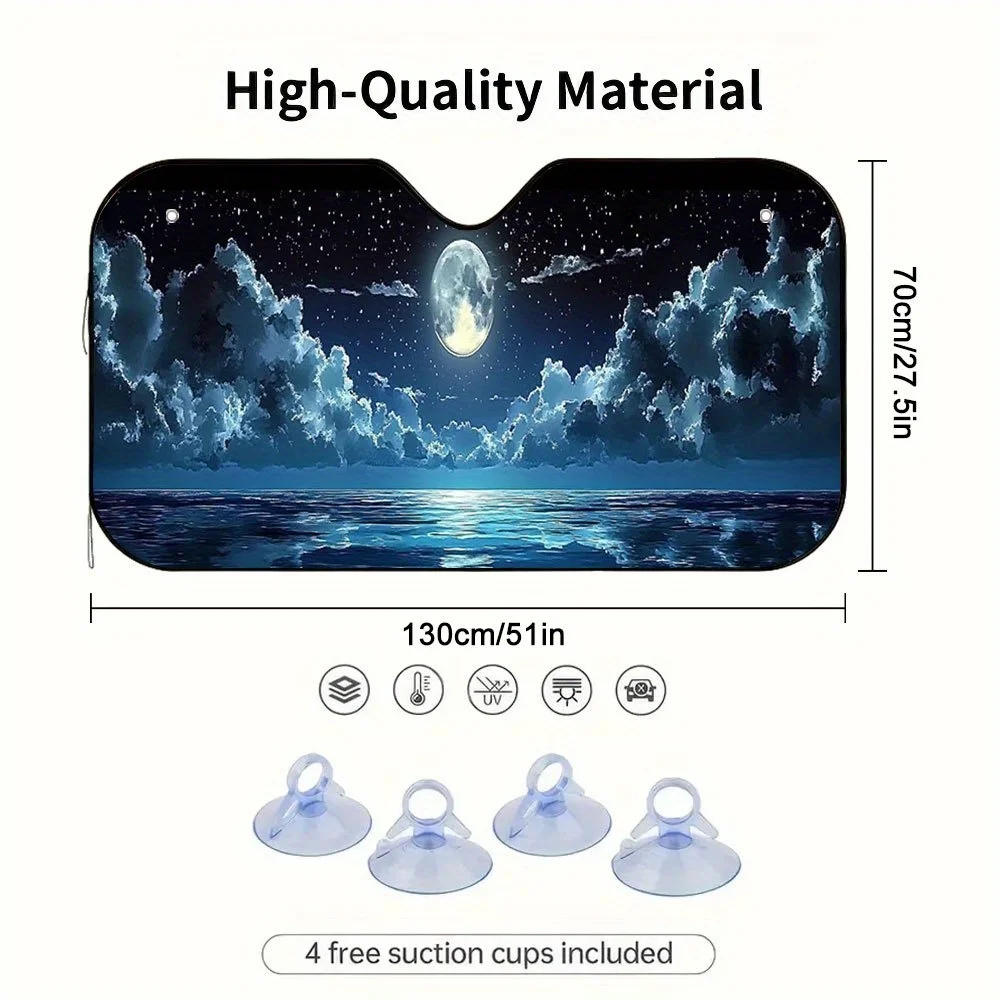 1pc 2D Flat Moonlit Sea View Car Sunshade – Stylish & Efficient, Includes 4 Suction Cups, Foldable For Easy Storage, Keeps Your