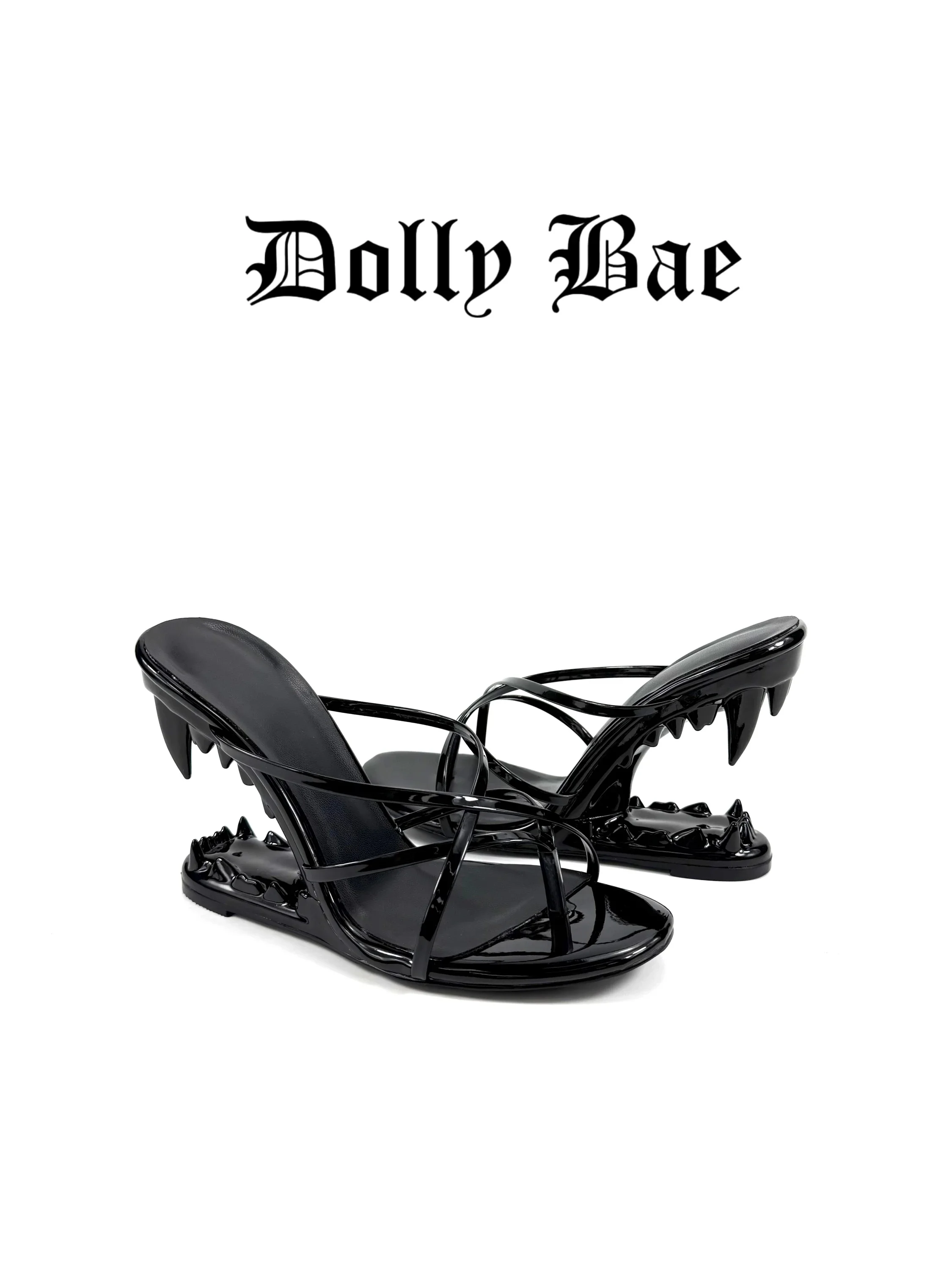 

Dollybae Fashion Sandals High Heel Thong Shoes Fanged Design Trendy Culture Spicy Girl Gothic Style Summer Season PU Material