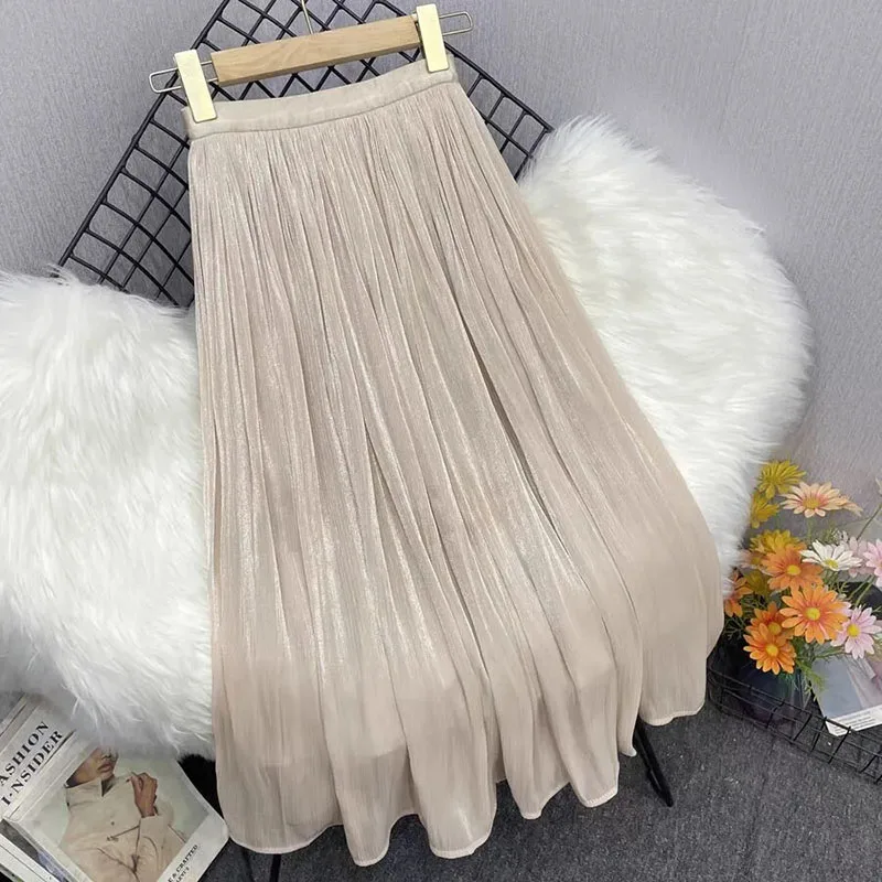 Summer Elegant Streamer Yarn Midi Skirt Women Korean High Waist Office Lady Pleated Skirt Y2K Fashion Streetwear A Line Skirts