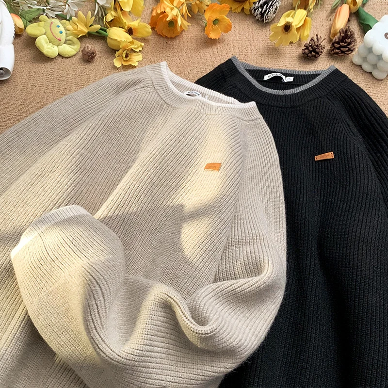 

Мужской весенне-осенний свободный вязаный свитер, простой базовый топ, модный повседневный свитшот с длинными рукавами и круглым вырезом