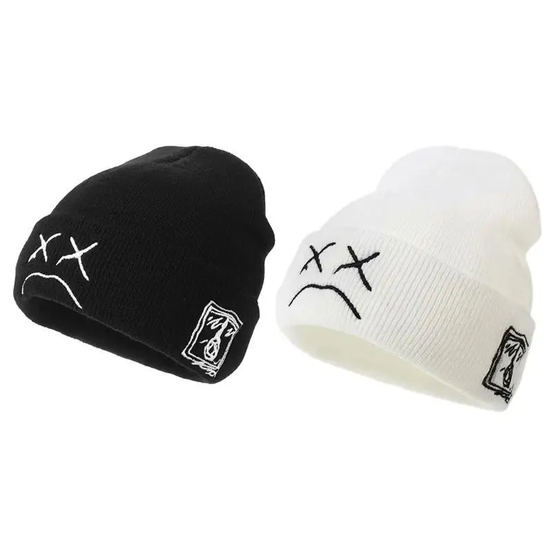 652F Đơn Giản Biểu Hiện Khuôn Mặt Buồn Mũ Dệt Kim Đan Mùa Đông Mũ Du Lịch Mũ Len Ấm Áp