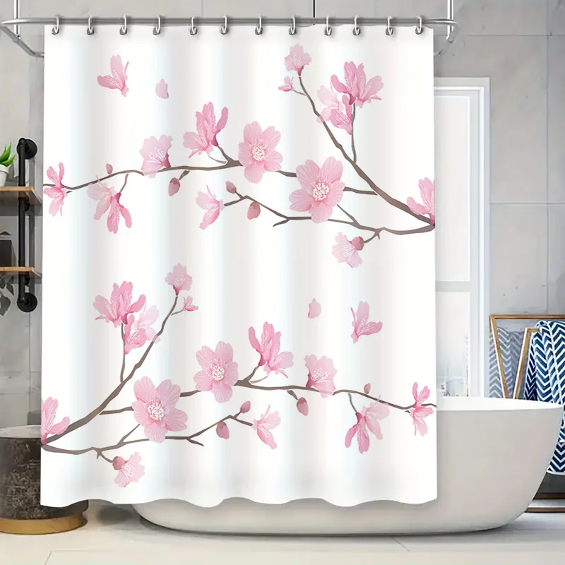 

Modern Bathroom Decor: Pink Cherry Blossom Shower Curtain for Home Bathrooms Waterproof Fabric with Hook Rings (White)