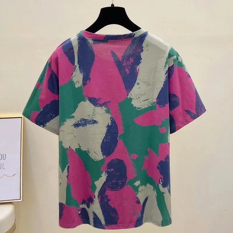 Tie Dye Printing Vintage O-Neck Pullover Short Sleeve T-Shirt Women\'s Blouse Shirt Korean Fashion Female Clothing Tops 2024