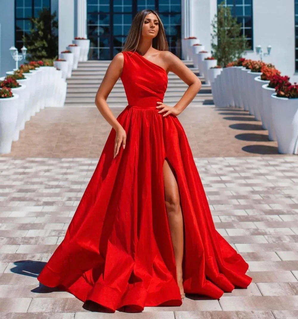 Vestido de noche Formal rojo para mujer, vestido de un hombro, línea A, liso, satén puro, largo hasta el suelo, fiesta de boda, 2024