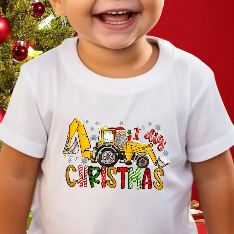 2 3 4 5 6 7 8 Years Christmas Excavator White T-shirt for Boys Girls Kids Birthday Christmas Gift for Teens Santa Claus Supplies