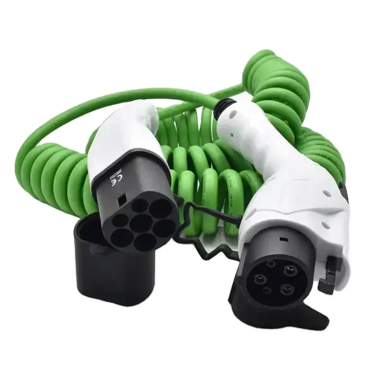 Type 2 ev AC 16A/32A spring coiled car charging cable Mode 3P green cable IEC 62196 EV connector