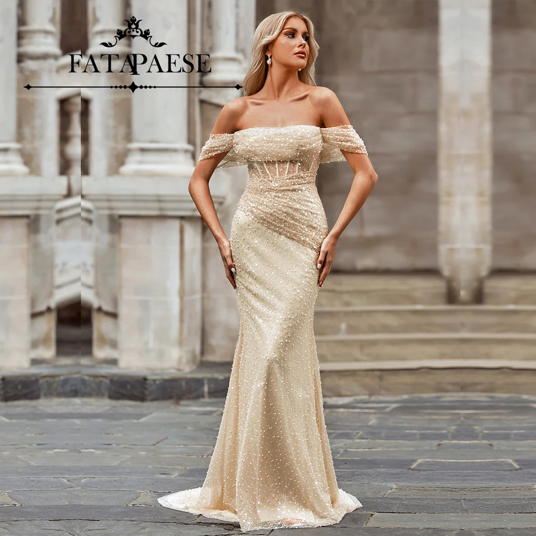 FATAPAESE Off-the-Shoulder Wedding Dress Glitter Beadings and Stones Pleated Cathedral Train Corset Convertible Bridal Dress