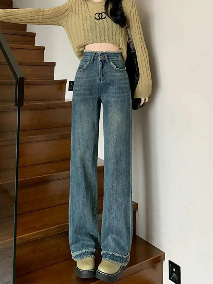 

Повседневные джинсовые джинсы с высокой талией и широкими штанинами, женские длинные брюки с потертостями, большие размеры, винтажный дизайн