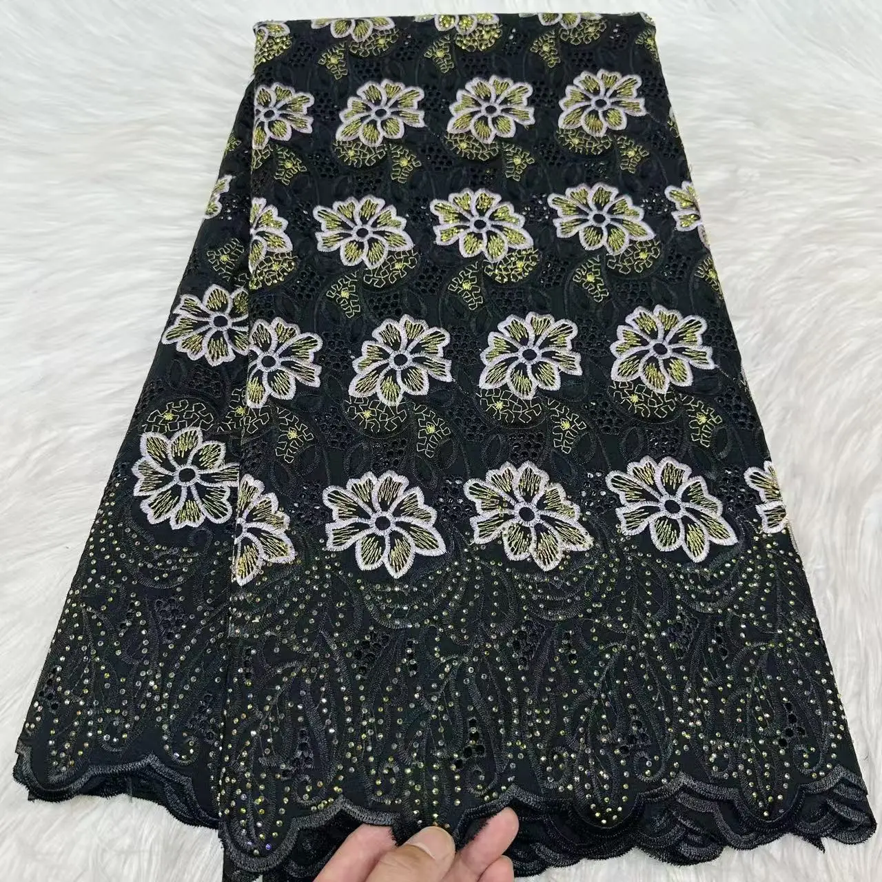 African Cotton Lace Fabric, Rhinestone Embroidered Swiss Voile Lace, Elegant Floral Pattern High Grade Fabric For Women M754-1