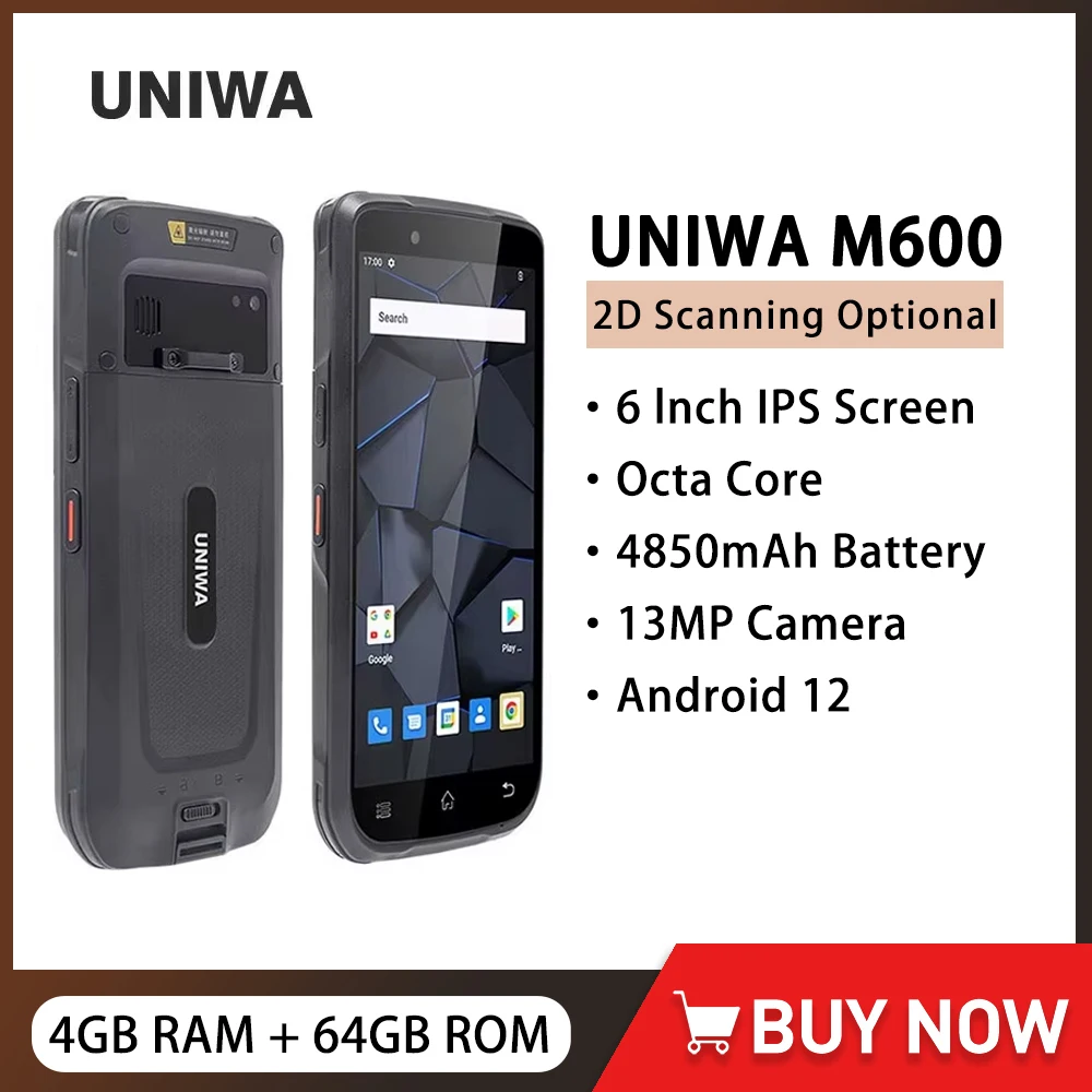 UNIWA M600 Robuuste 4G-smartphone Android 12 Octa Core 6 inch IPS 4 GB + 64 GB Mobiele telefoon Handheld PAD 2D-scannen 4850 mAh 13 MP NFC