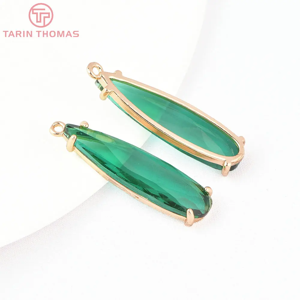 (8397) 6PCS 8x32.5MM 24K Gold Color Brass with Glass Long Water Droplet Shaped Pendants High Quality DIY Jewelry Making Findings
