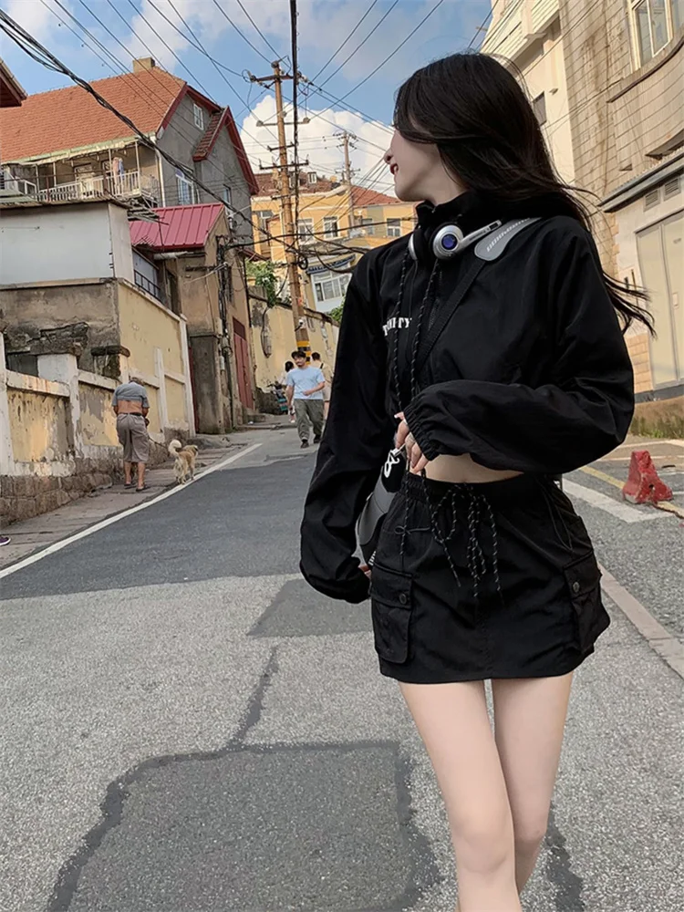 QWEEK Y2K Gorpcore Black Dress Sets Women Techwear Streetwear Two Piece Skirt Set Korean Style Cropped Jacket Harajuku Egirl