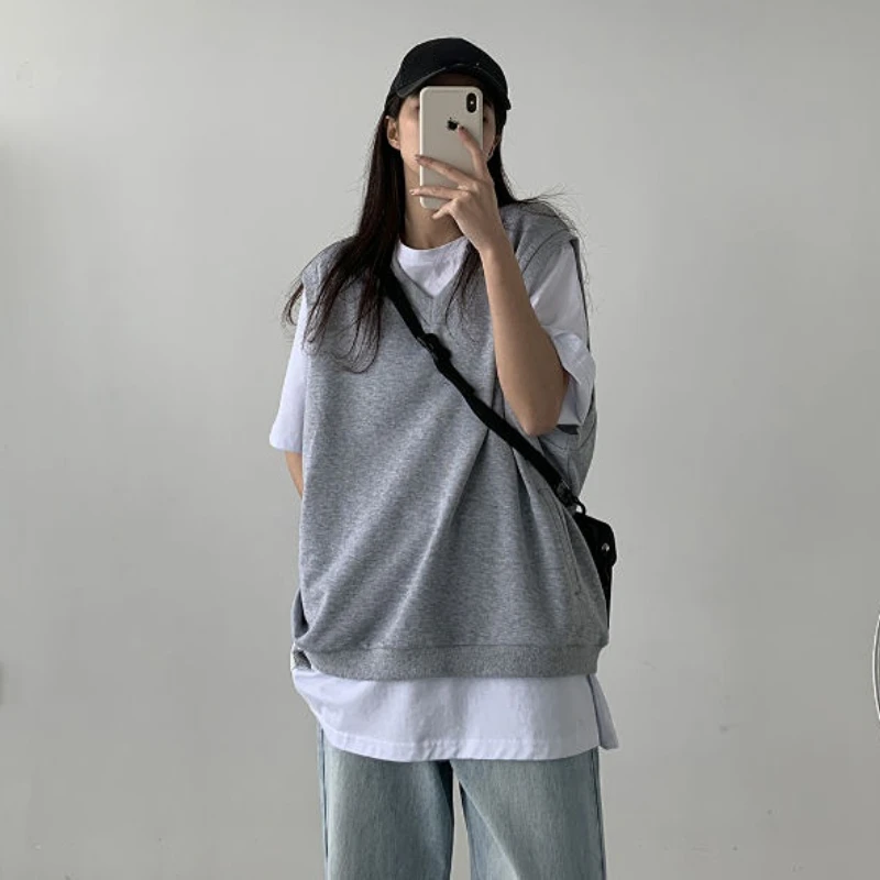 Gilet Donna Solido Scollo a V Fresco Streetwear Basic All-match Casual Unisex Harajuku Chic Ulzzang Estate Vendita Calda College Gioventù Accogliente