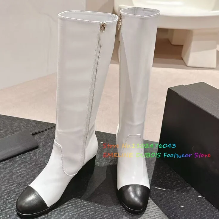 

Color Blocked Round Toe Chunky Heel Long Boots for Women Winter 2024 New Side Zipper Thick Heel Slim Boots Knight High Boots