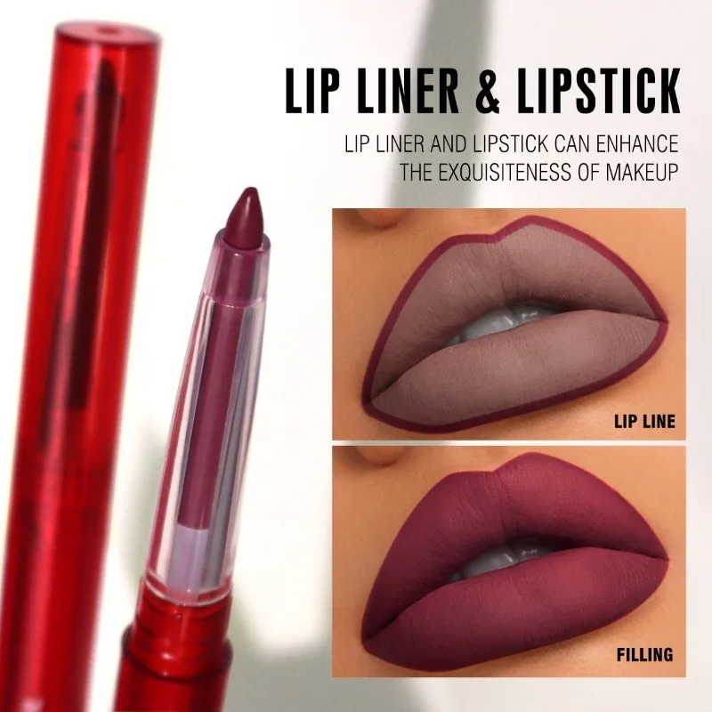 Delineador de labios desnudo mate 2 en 1, lápiz labial resistente al agua de larga duración, contorno de terciopelo rosa y morado, línea de tinte de labios rojo, cosmético