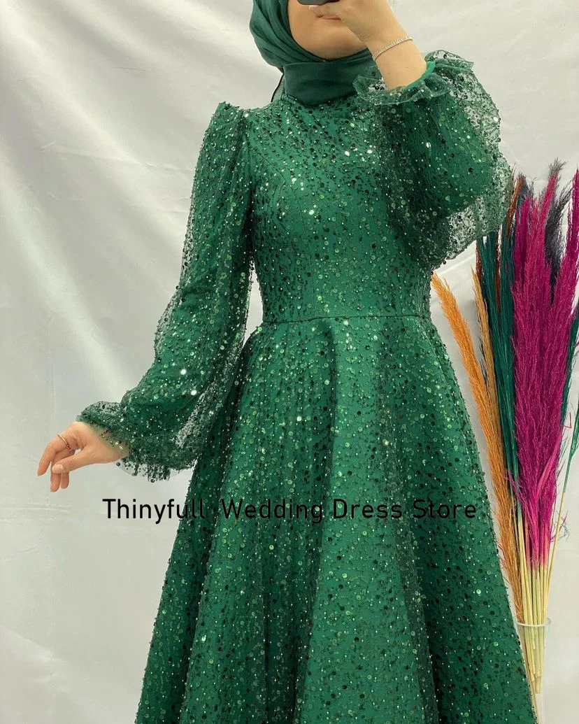 Thinyfull A-line Arabic Muslim Prom Dresses Long Sleeves Sequin Beading Evening Party Dress Dubai Formal Occasion Gown 2023